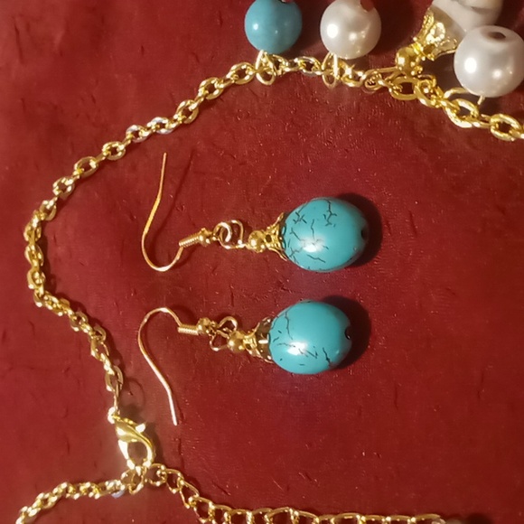 Necklace & earrings marble glass beaded gold tone .16+2 inches long nwt - Picture 5 of 10